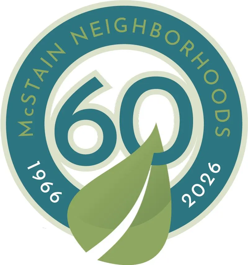 McStain Neighborhoods 60th anniversary emblem with leaf mark and dates 1966–2026