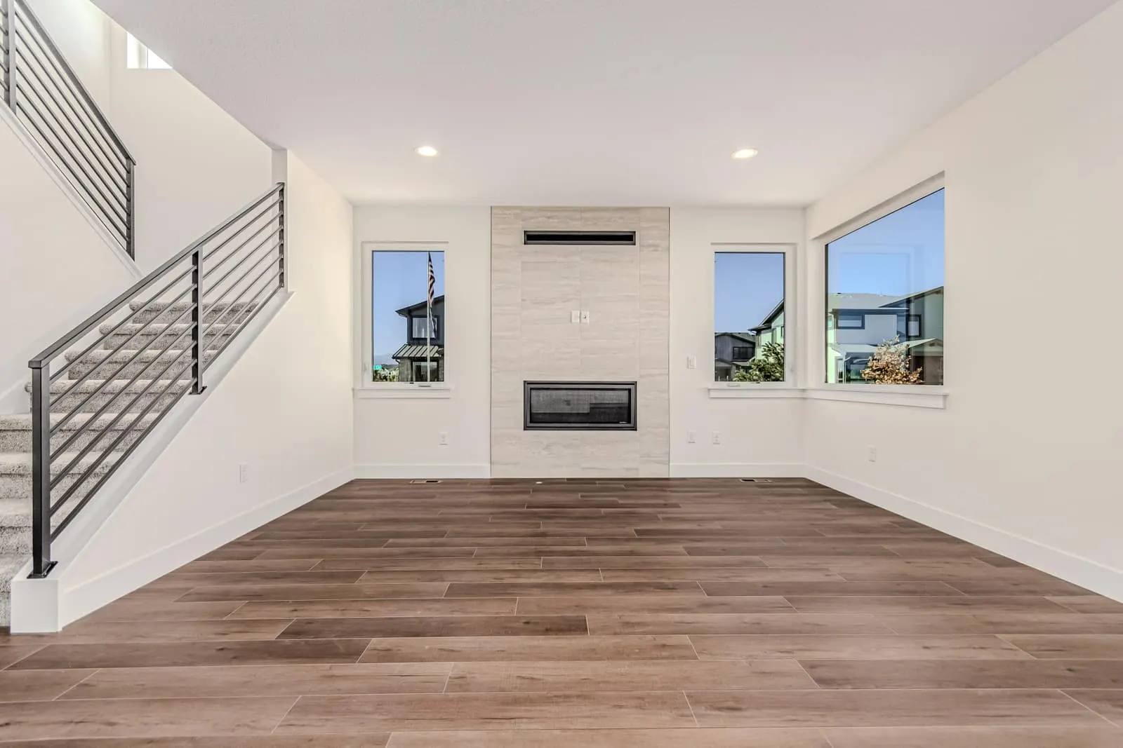 Open living room and kitchen at 763 Mountain Drive in West Grange, Longmont, Colorado