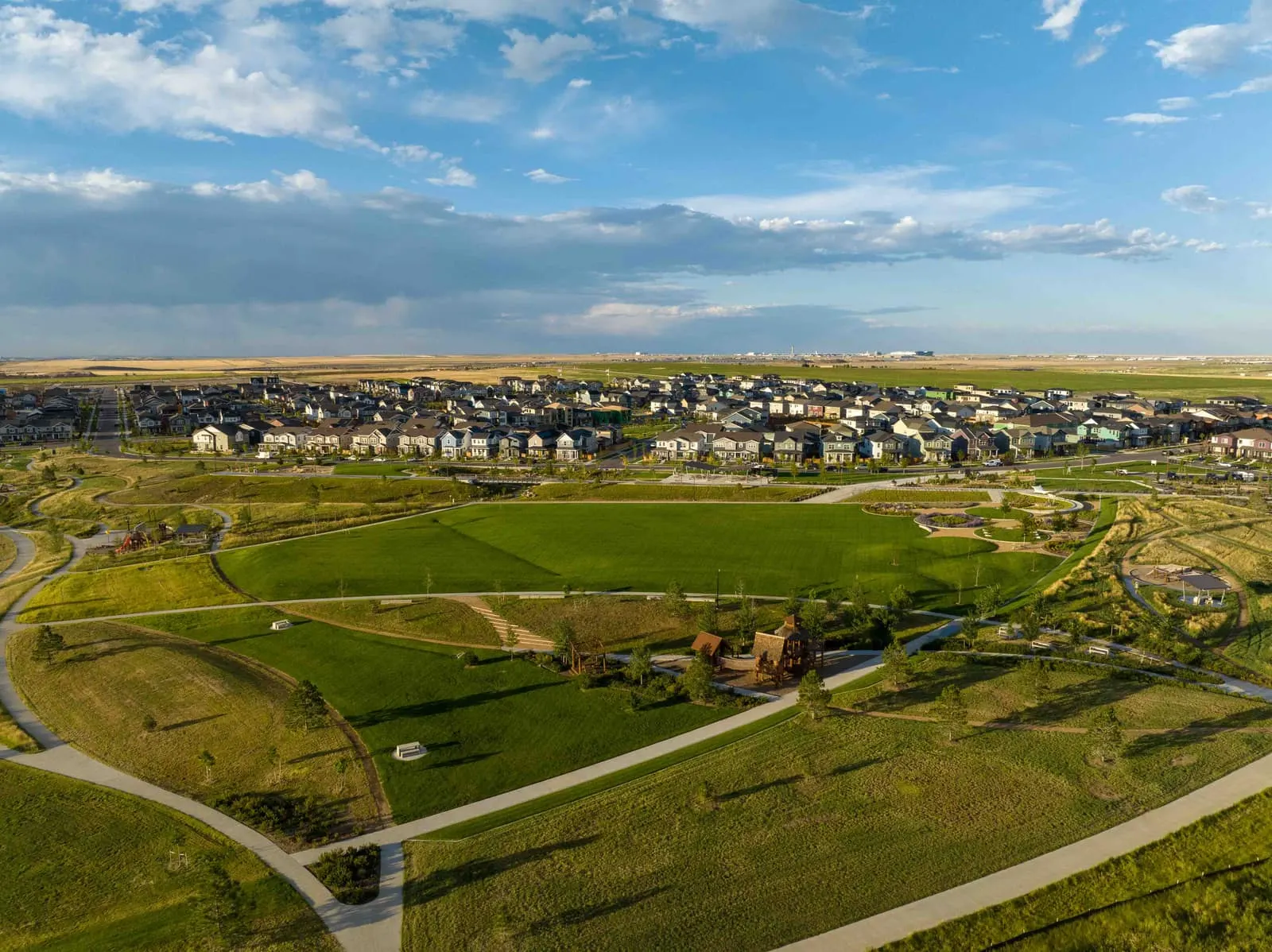 Aerial view of neighborhood parks and homes at Painted Prairie in Aurora, CO 80019